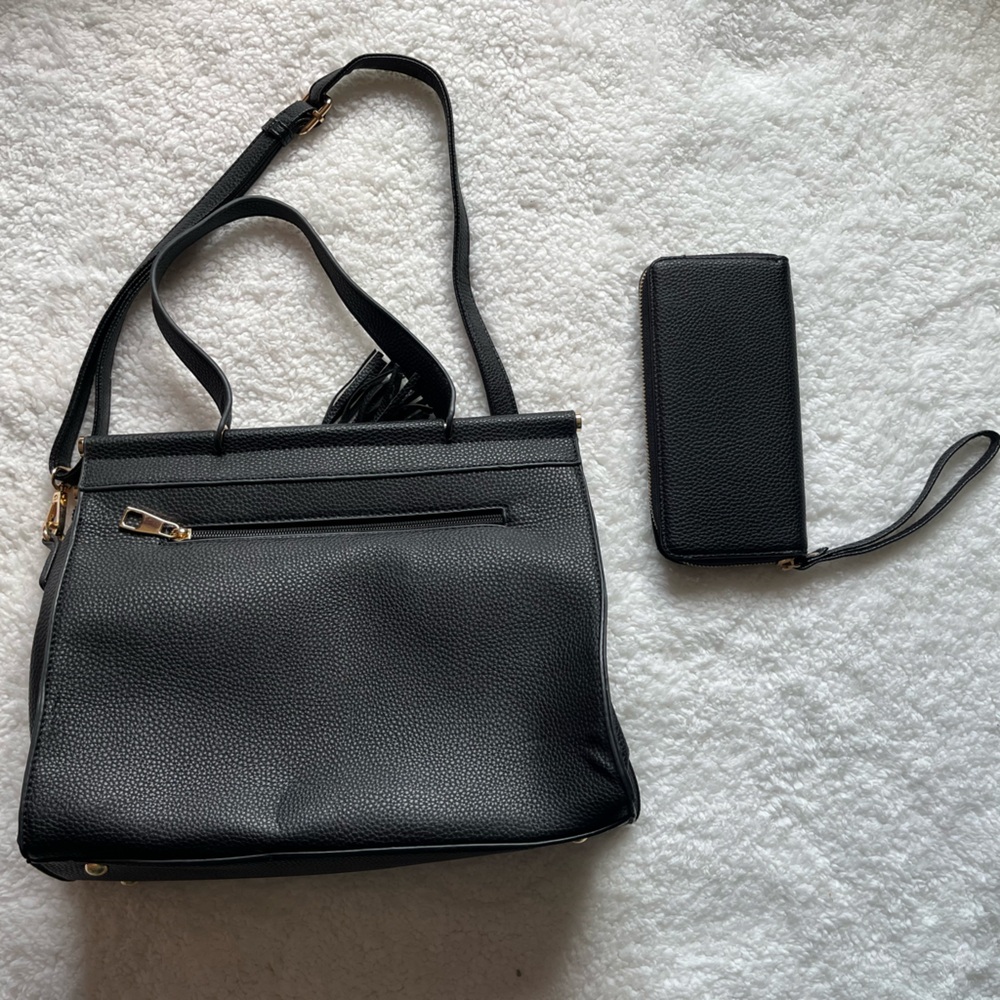 Black Leather Tote Bag and Wallet Set